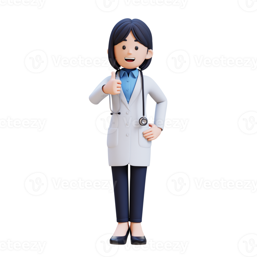 3D Woman Doctor Character in a white lab coat is giving a thumb up png