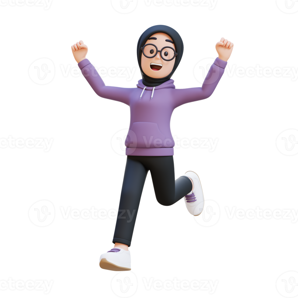 3D render muslim girl character is jumping with excitement and accomplishment png