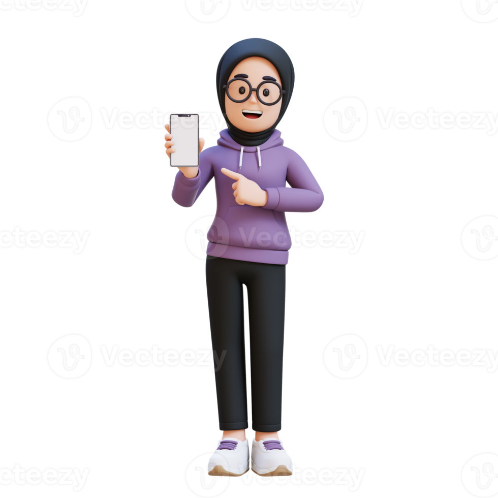 3D render muslim girl character holding a cell phone and pointing to it png