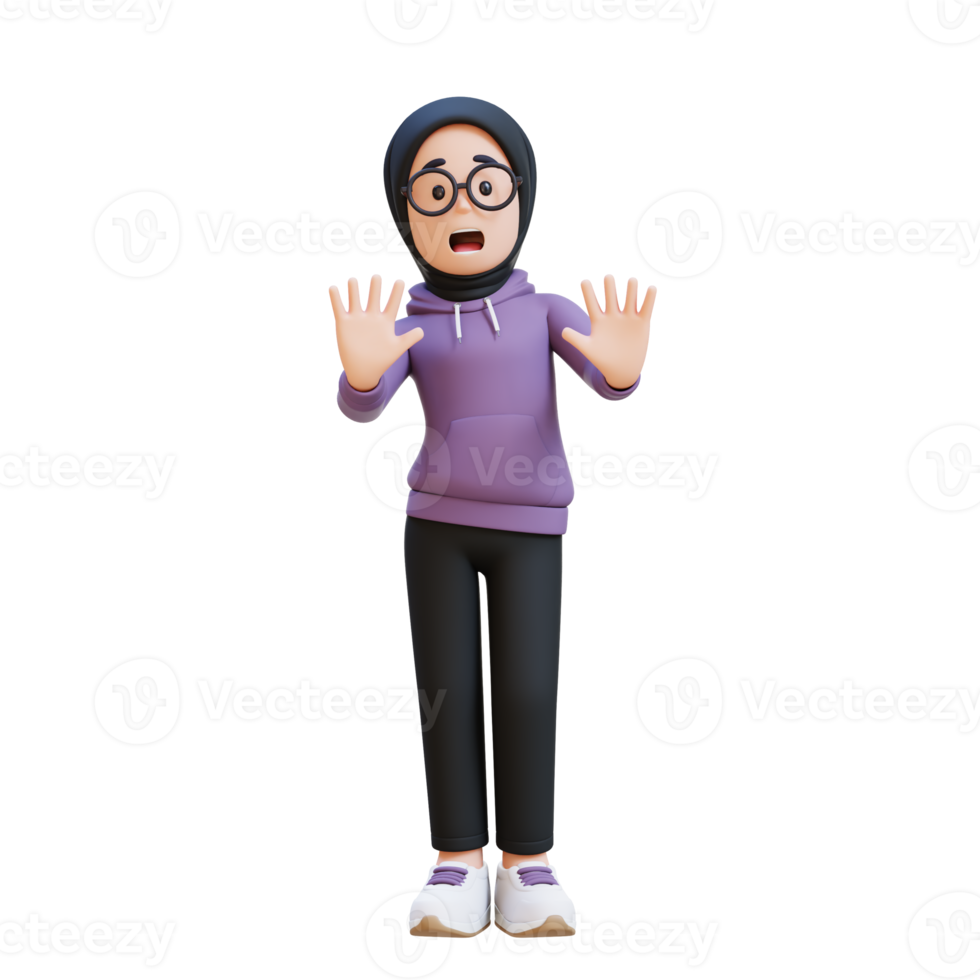 3D render muslim girl character is stress and refusal pose png