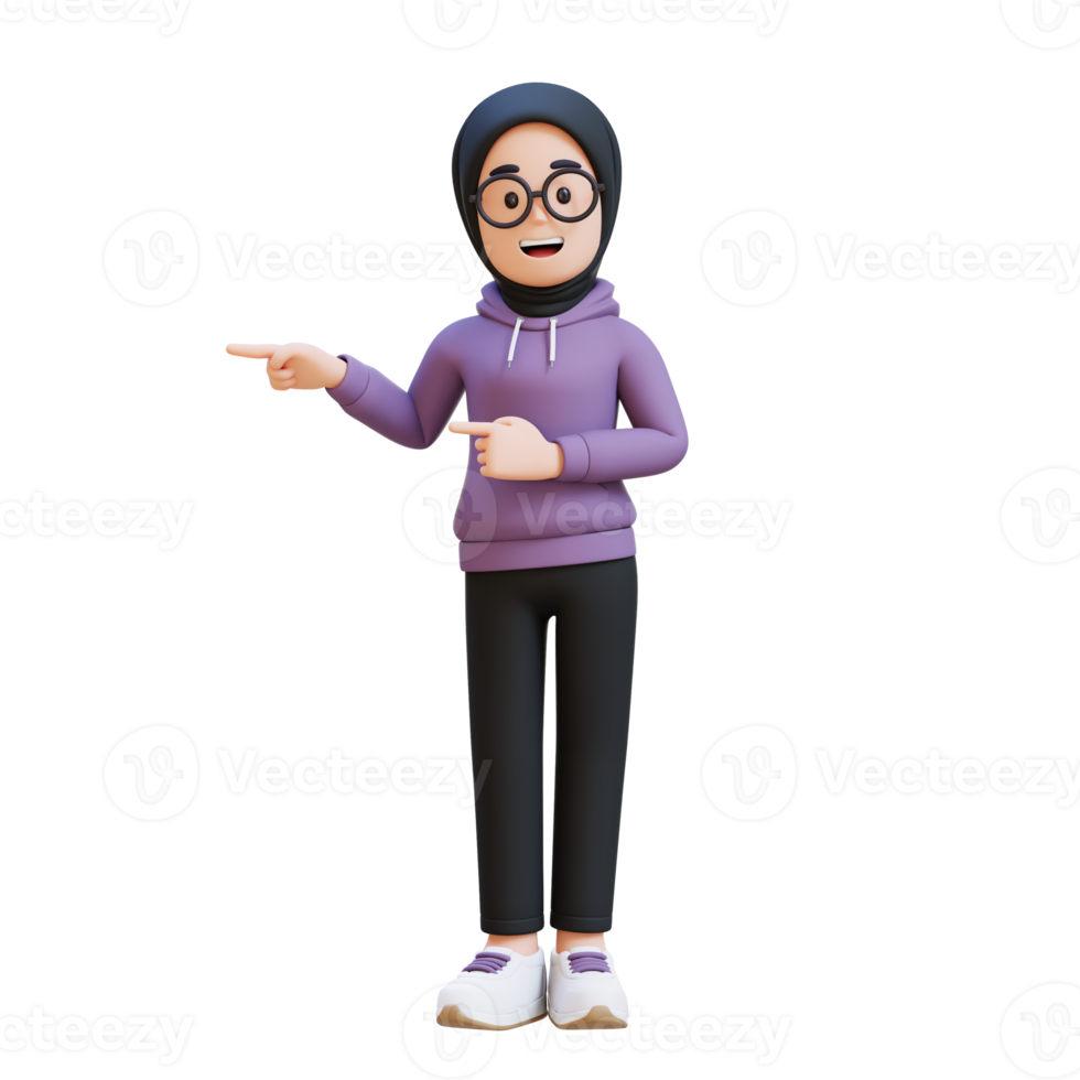 3D render muslim girl character is pointing to the right png