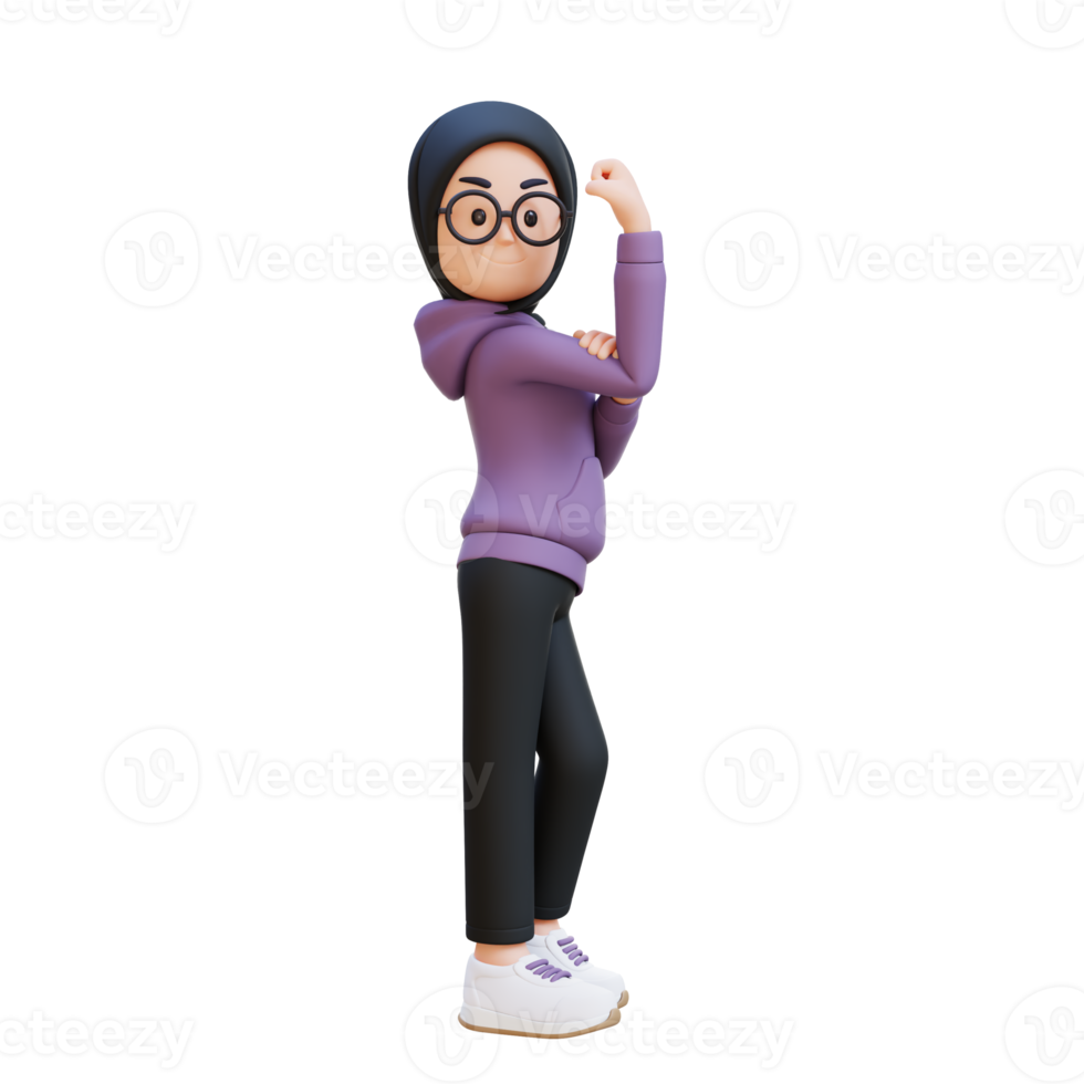 3D render muslim girl character showing strong gesture and smiling proudly png