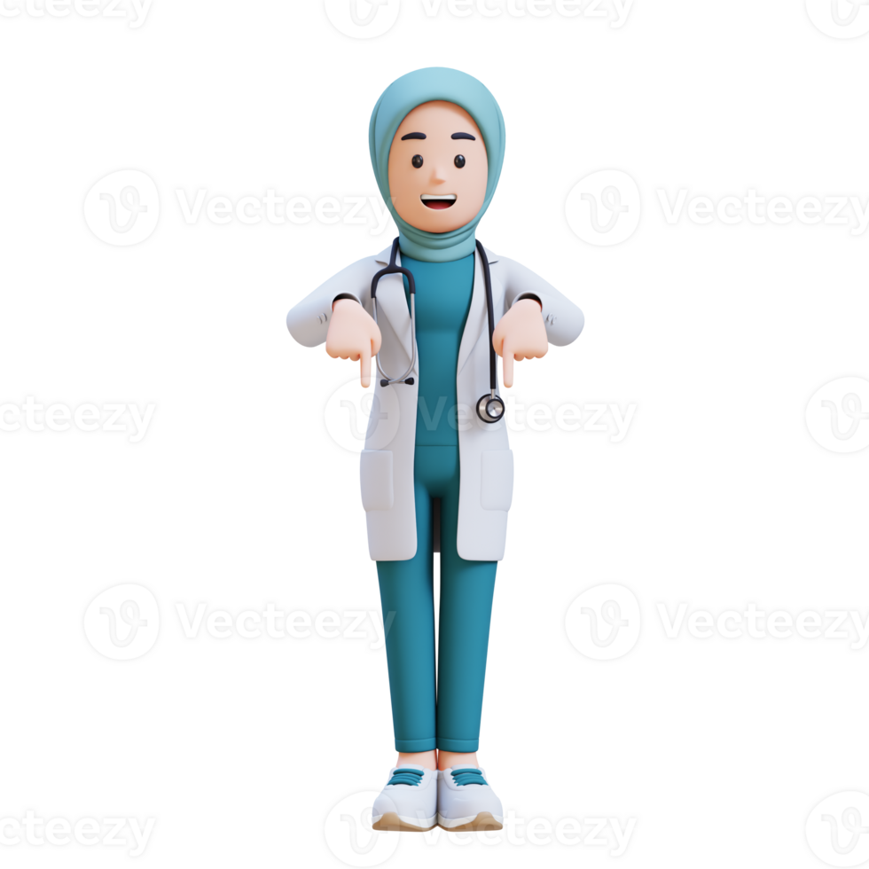 3D render muslim woman medical doctor character in a white lab coat pointing to bottom png