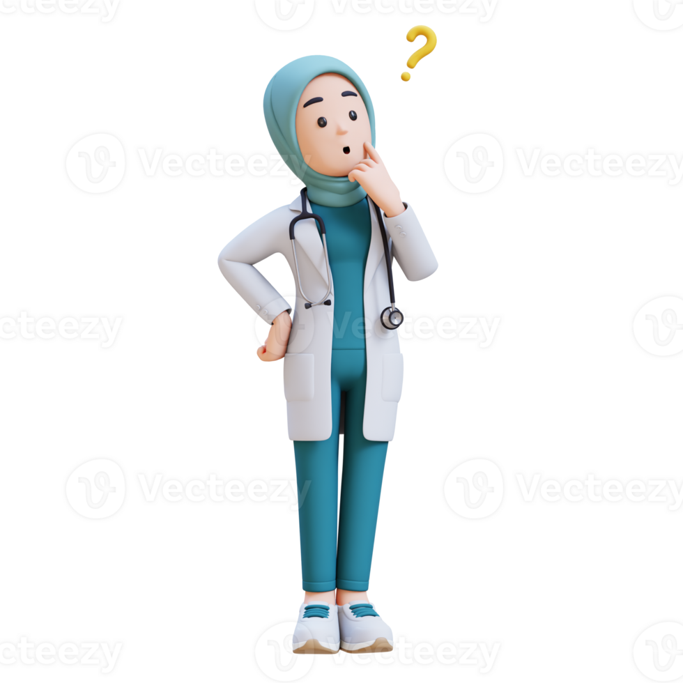 3D render muslim woman medical doctor character in a white lab coat is looking at something and thinking png