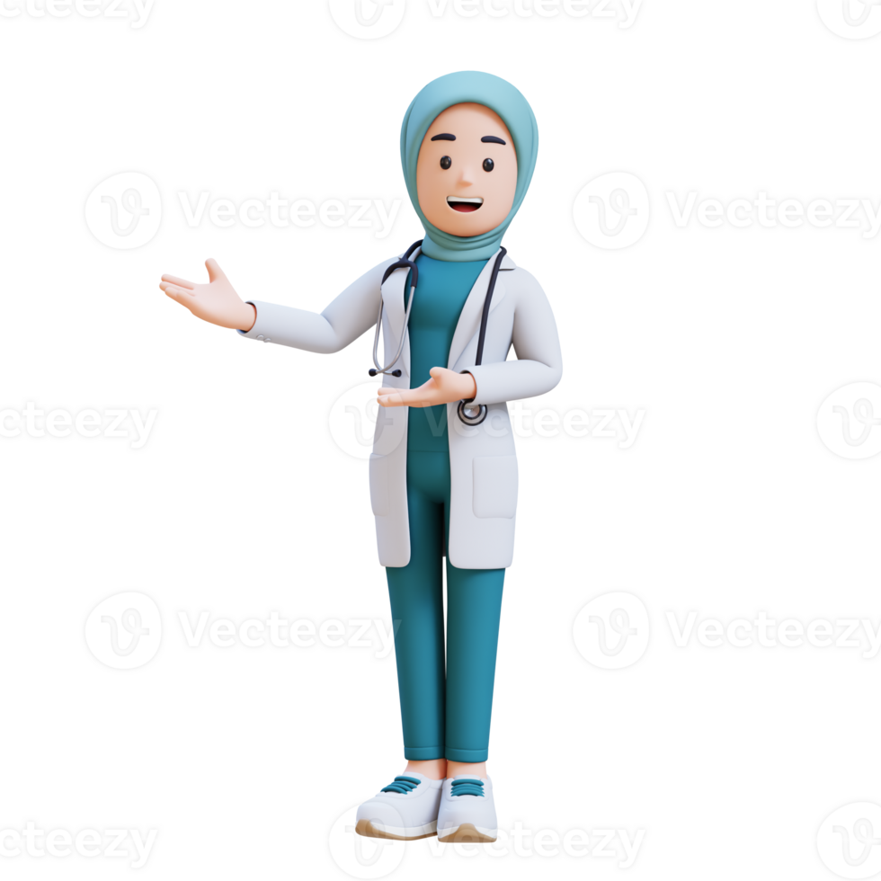 3D render muslim woman medical doctor character is standing and presenting to the right png
