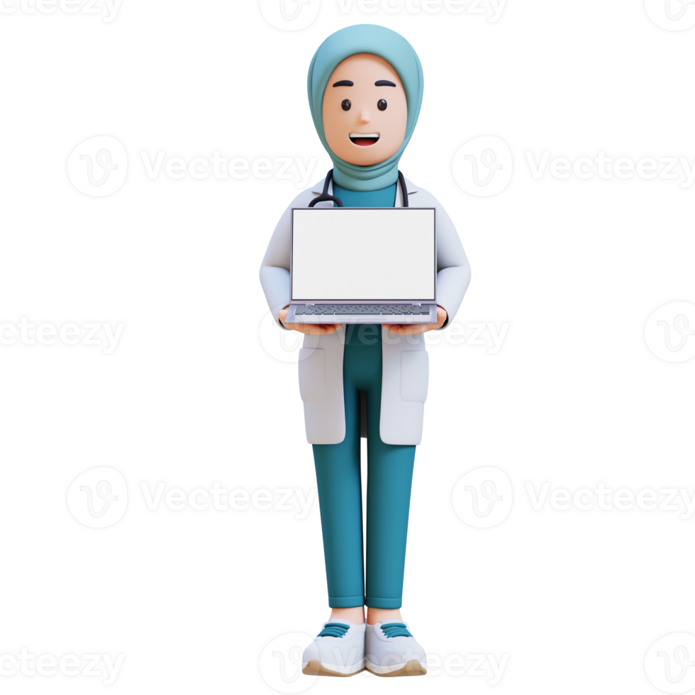 3D render muslim woman medical doctor character in a white lab coat holding a laptop with a white screen png