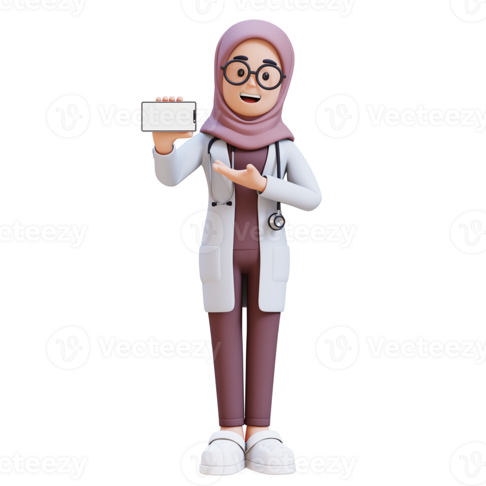 3D render muslim woman doctor character holding and presenting to a cell phone png