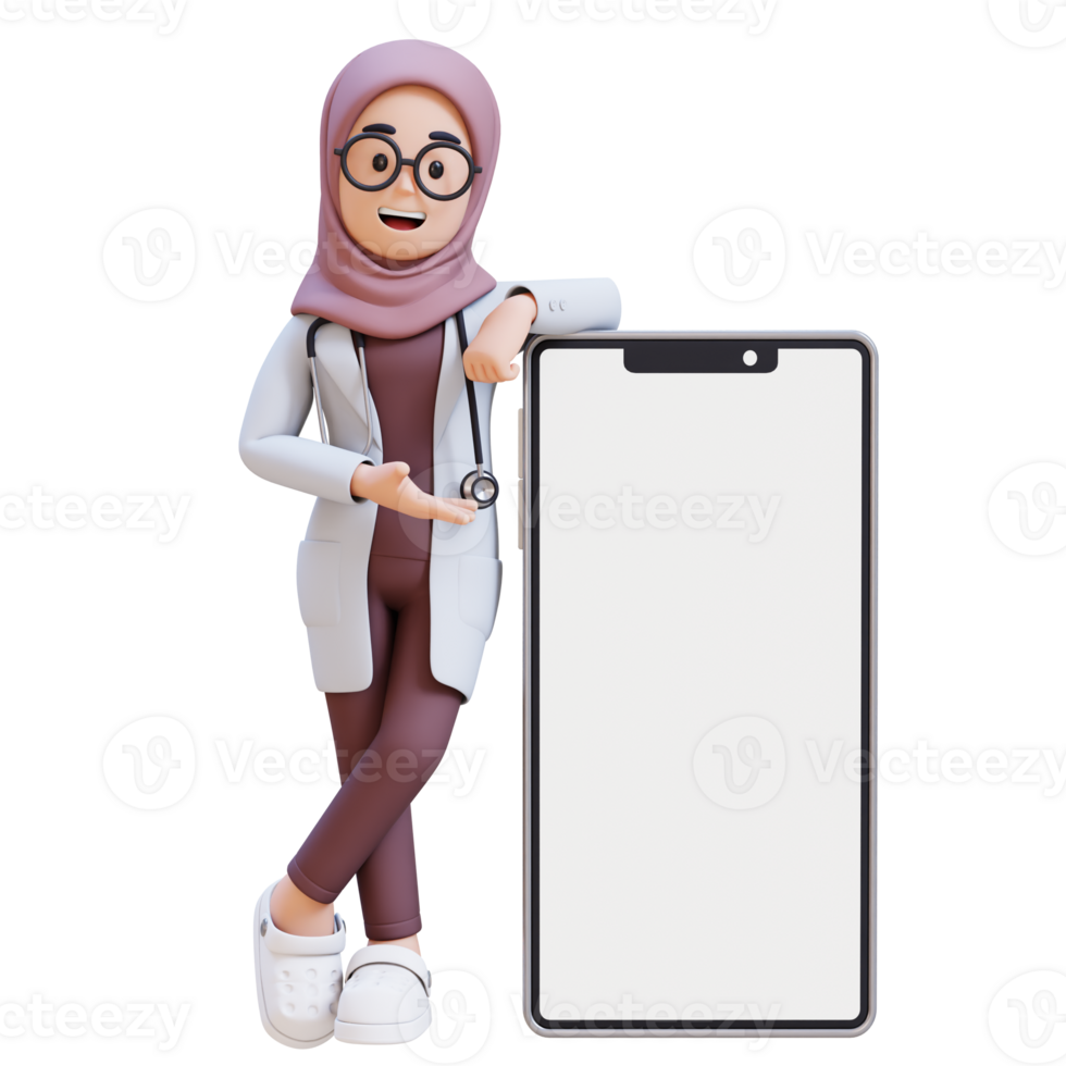 3D render muslim woman doctor character presenting to a cell phone with a white background png