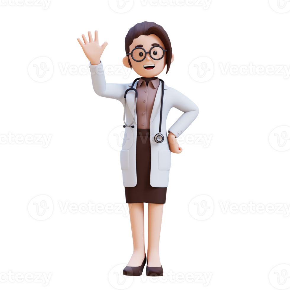 3D render woman doctor character in a white lab coat is waving hand png