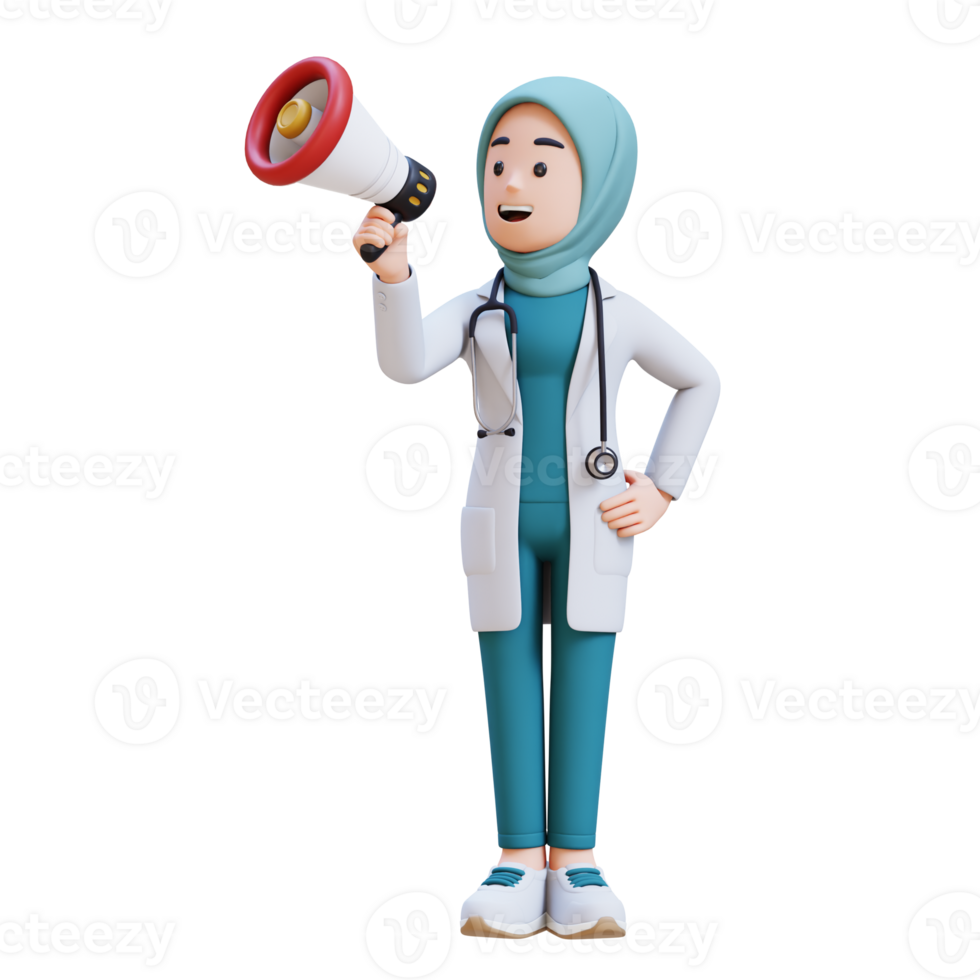 3D render muslim woman medical doctor character in a white lab coat holding a megaphone give speech png