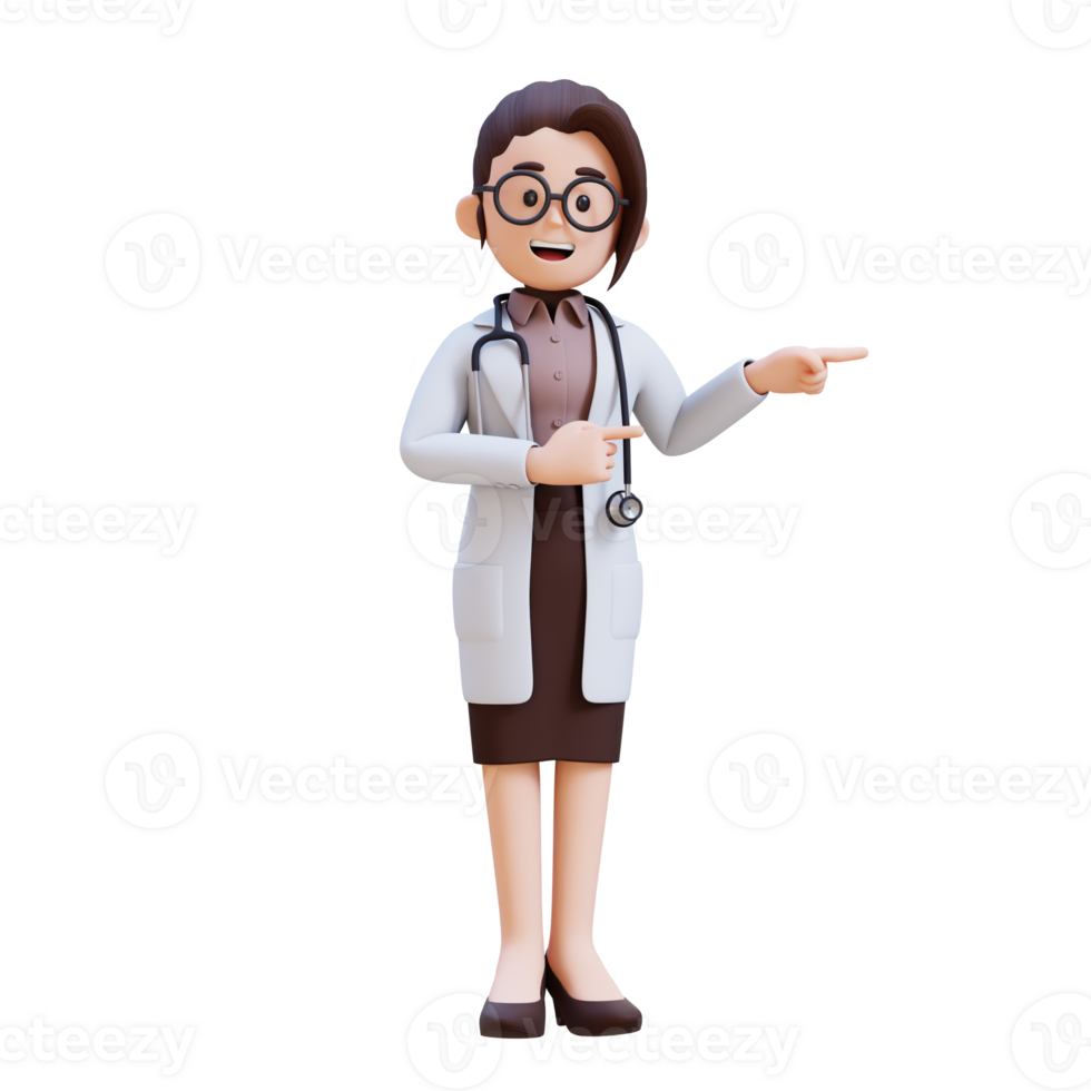 3D render woman doctor character in a white lab coat points to something png