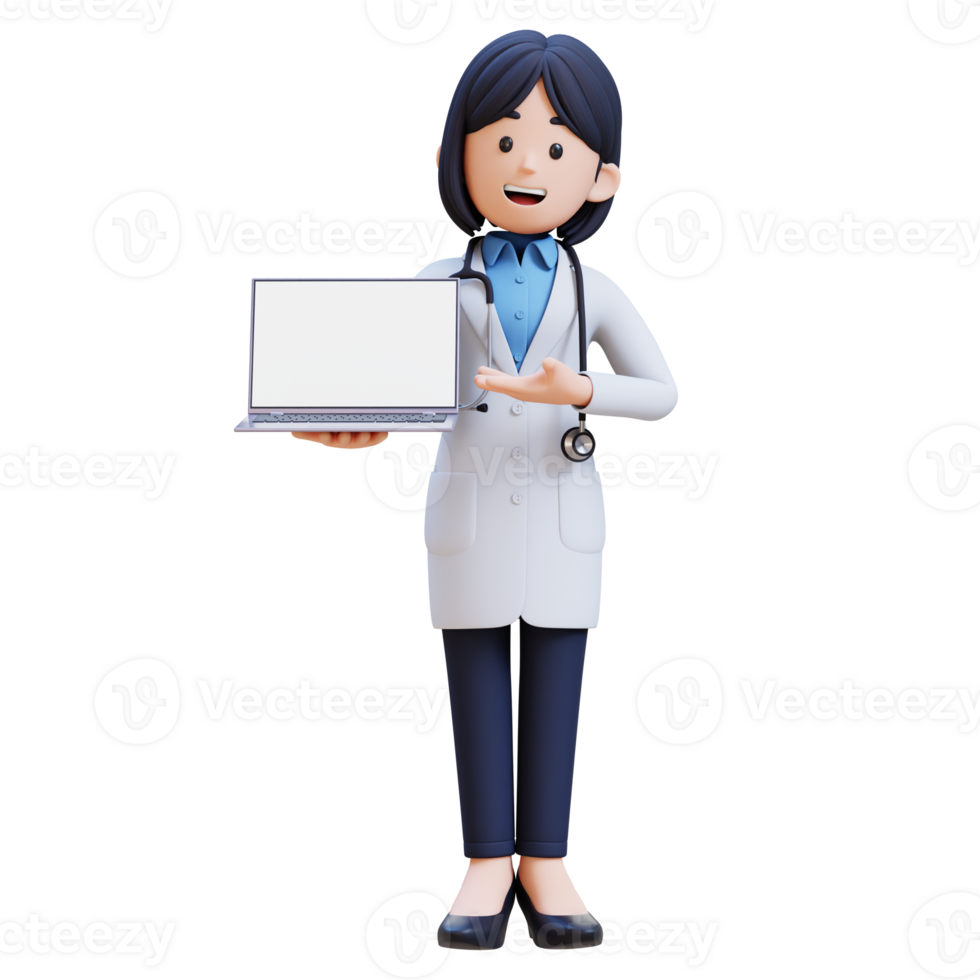 3D Woman Doctor Character in a white lab coat presenting to a laptop png