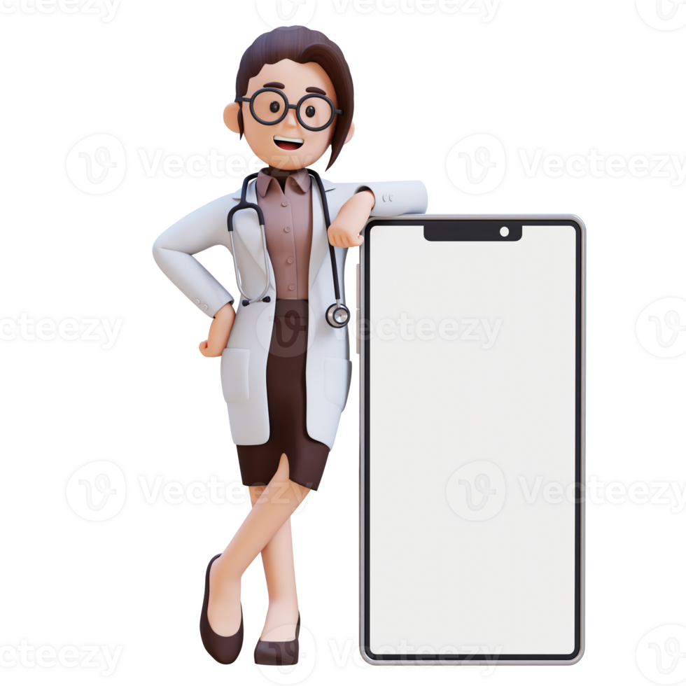 3D render woman doctor character stands next to a white cell phone png