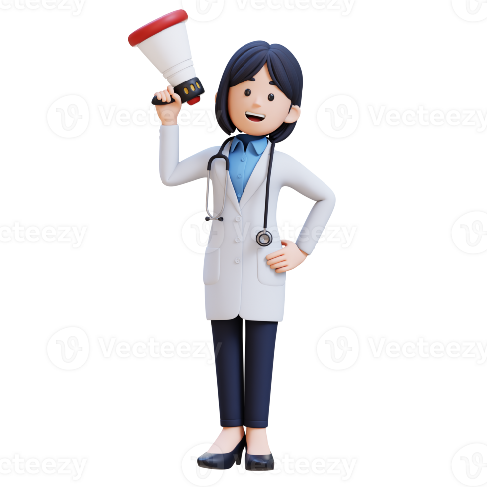 3D Woman Doctor Character in a white lab coat holding a megaphone with confident png