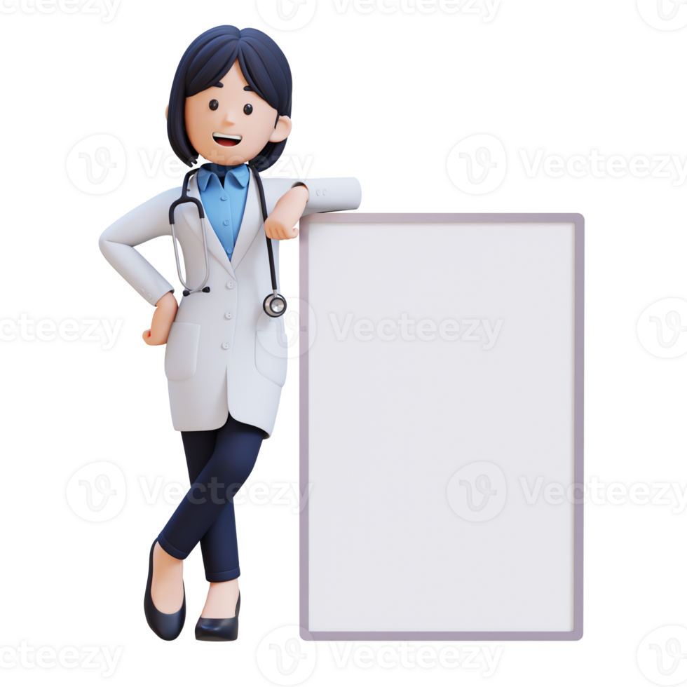 3D Woman Doctor Character in a white lab coat stands in front of a white board png