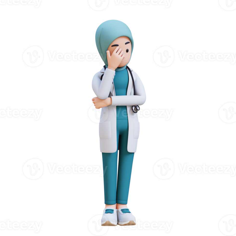 3D render muslim woman medical doctor character in a white lab coat is looking down and shaking her head png