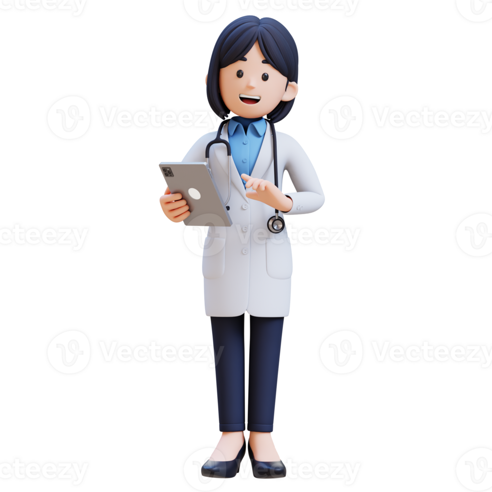 3D Woman Doctor Character in a white lab coat is holding a tablet in her hand png