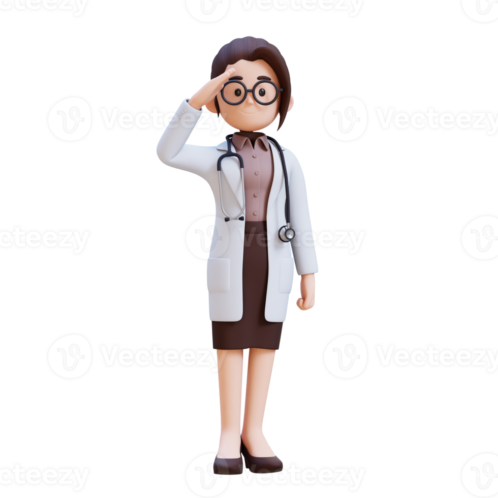 3D render woman doctor character in a white lab coat is standing and saluting png