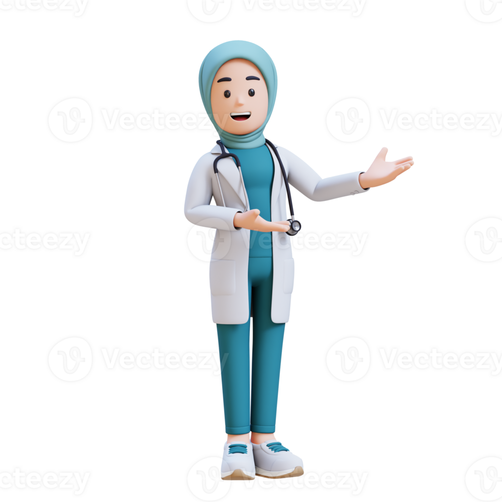 3D render muslim woman medical doctor character in a white lab coat is holding a stethoscope and presenting to the left png