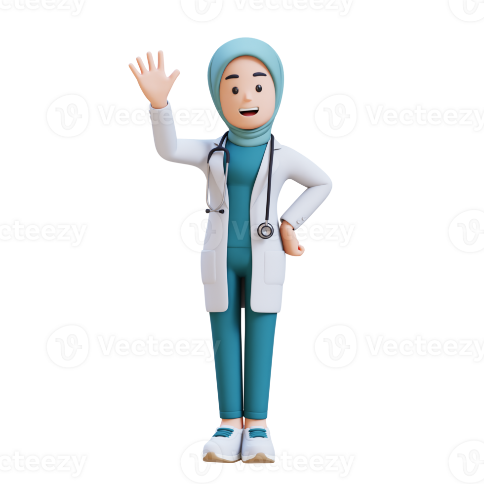 3D render muslim woman medical doctor character in a white lab coat is waving hand png