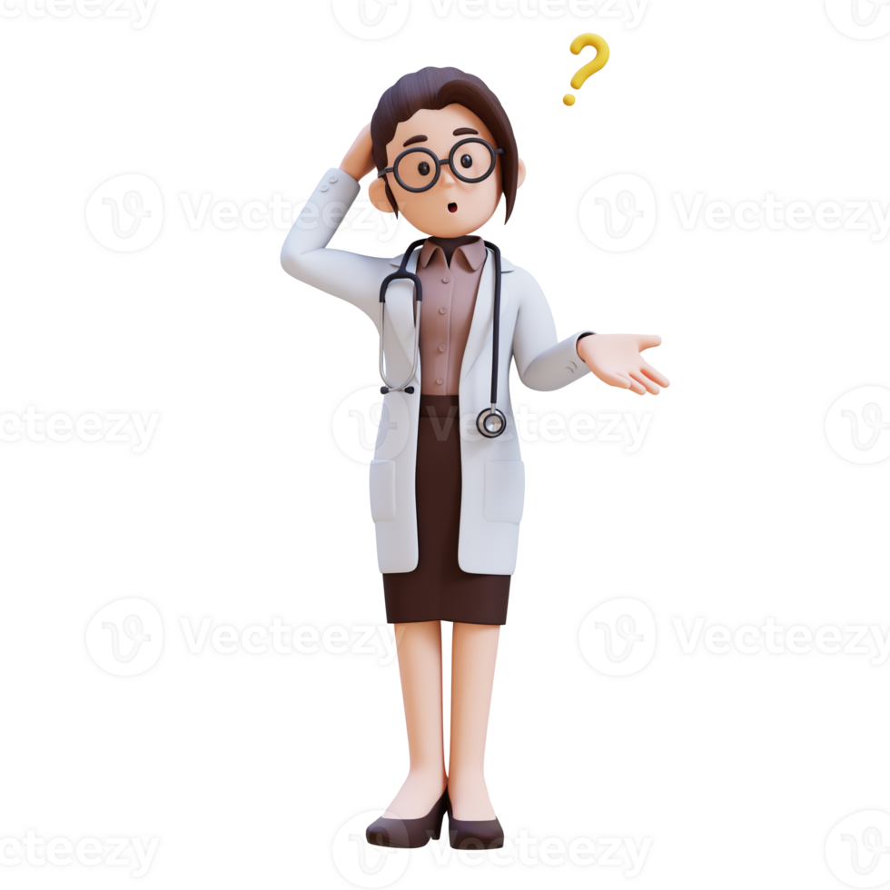 3D render woman doctor character in a white lab coat is standing and confuse with question mark png