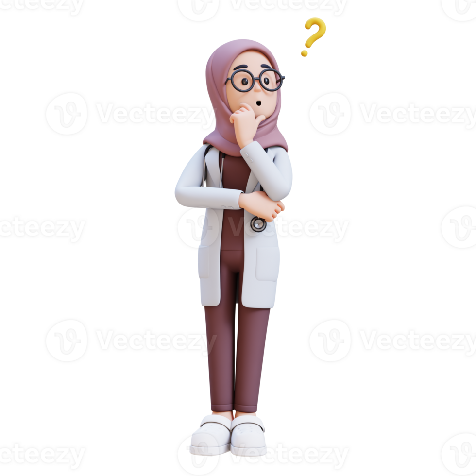 3D render muslim woman doctor character in a white lab coat is thinking something png