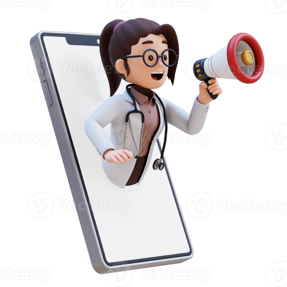 3D render woman doctor character is holding a megaphone and is speaking into it png