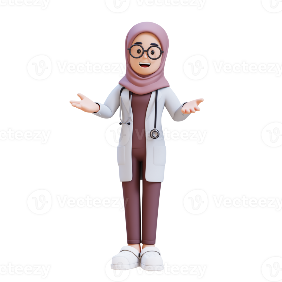 3D render muslim woman doctor character in a white lab coat is giving a presentation png