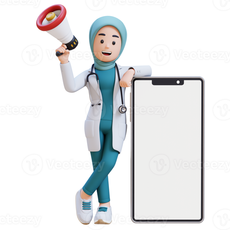 3D render muslim woman medical doctor character in a white lab coat is holding a megaphone lay on phone with blank screen png