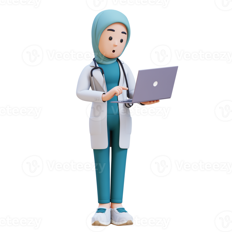 3D render muslim woman medical doctor character in a white lab coat is holding a laptop computer and surprised png
