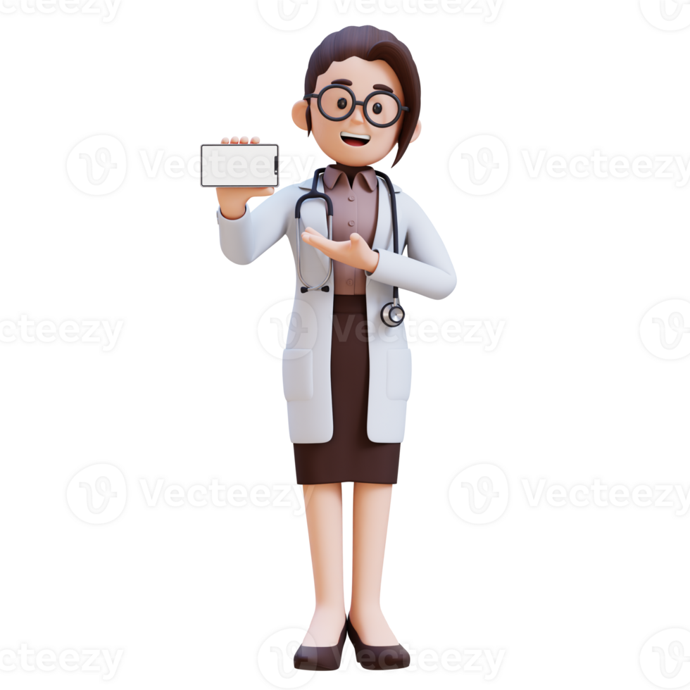 3D render woman doctor character holding and presenting to a cell phone png