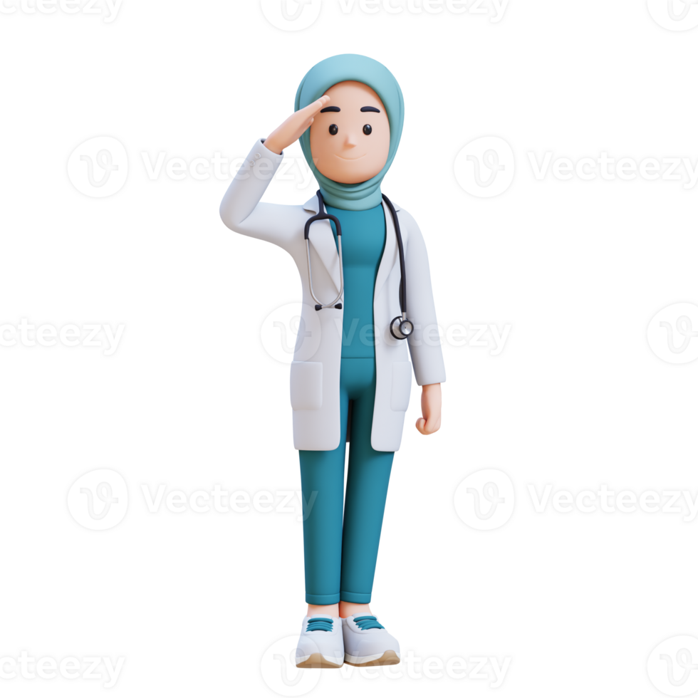3D render muslim woman medical doctor character in a white lab coat is standing and saluting png