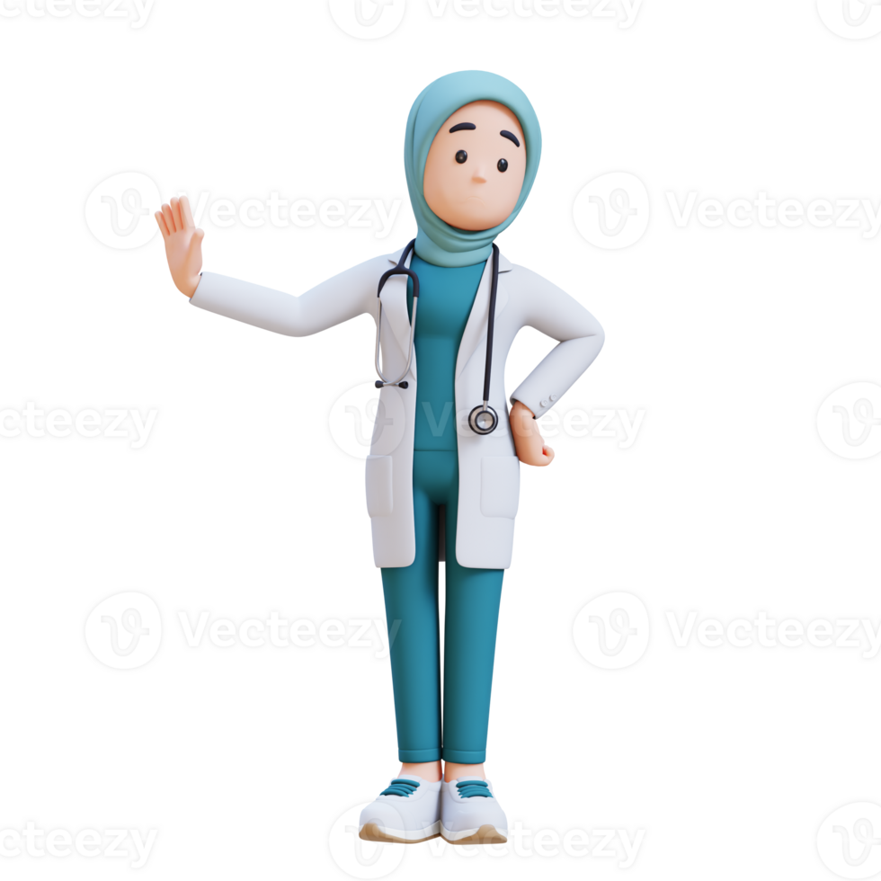 3D render muslim woman medical doctor character in a white lab coat is standing refusing with stopping gesture png