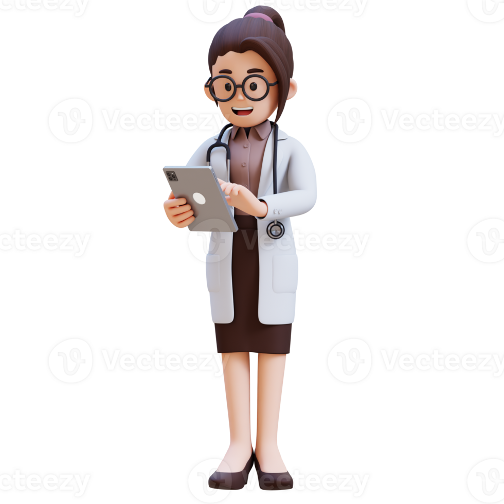 3D render woman doctor character is working on a tablet and smiling png