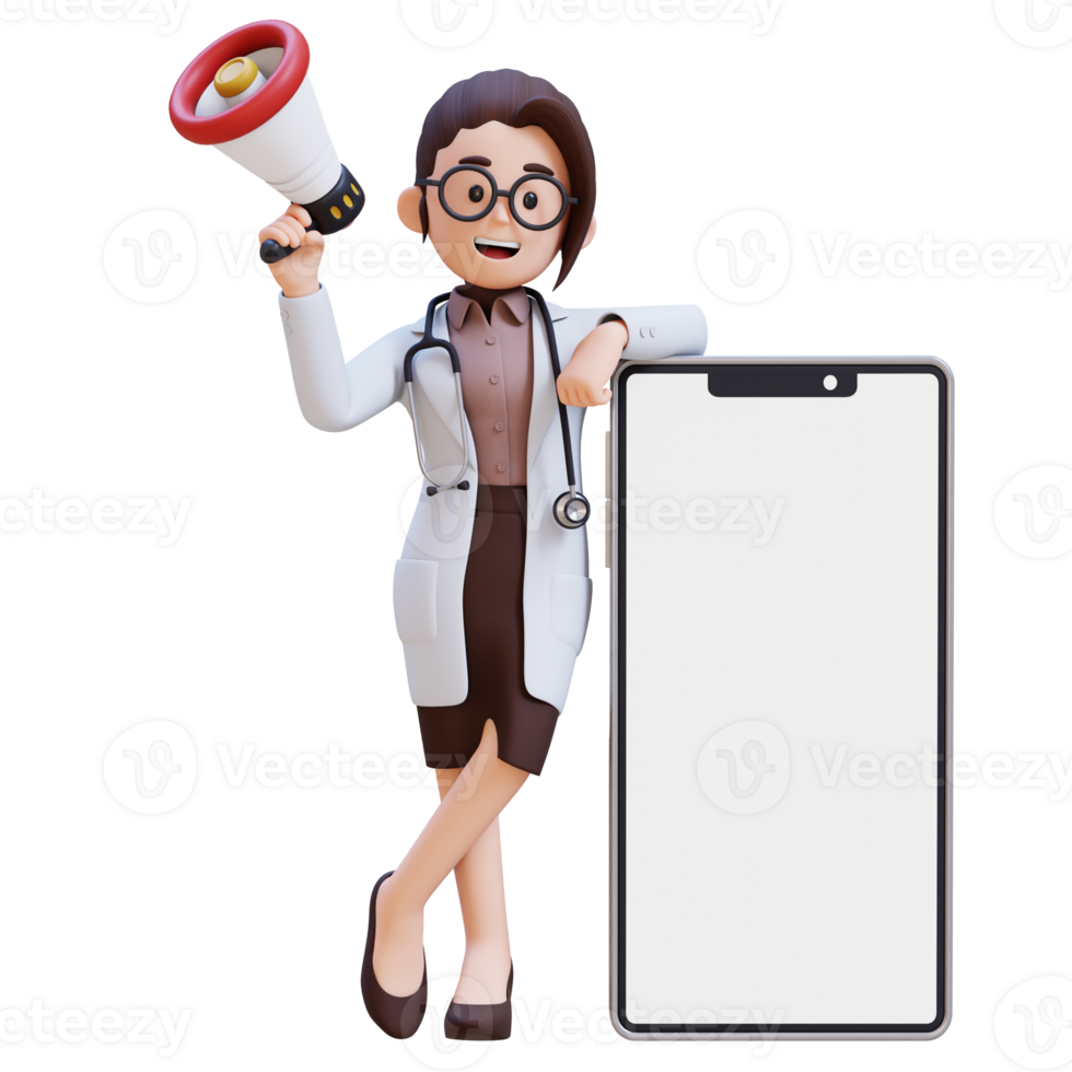 3D render woman doctor character holding a megaphone lay on phone with blank screen png