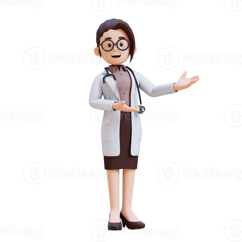 3D render woman doctor character in a white lab coat is presenting to the left png