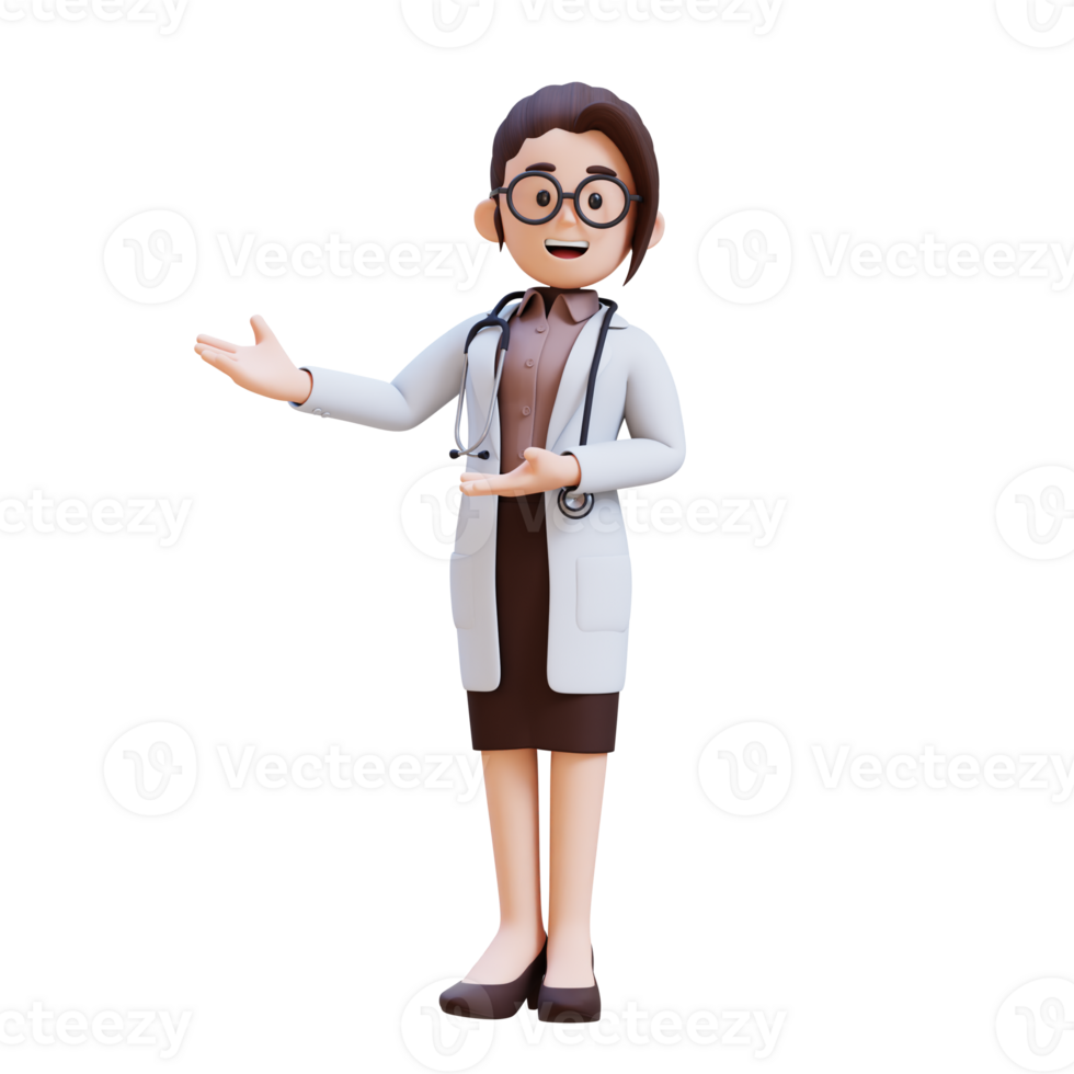 3D render woman doctor character is standing and presenting to the right png