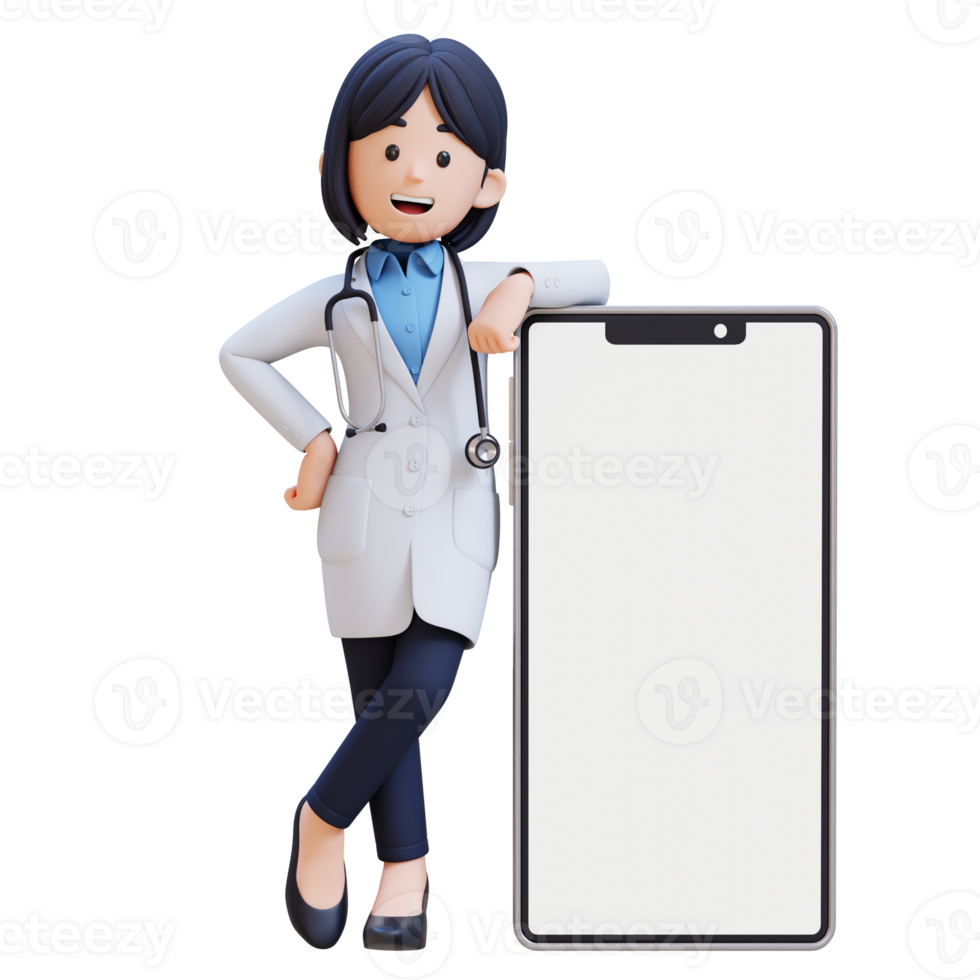 3D Woman Doctor Character in a white lab coat stands next to a white cell phone png