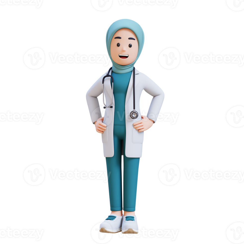 3D render muslim woman medical doctor character in a white lab coat stands with her arms on hip png