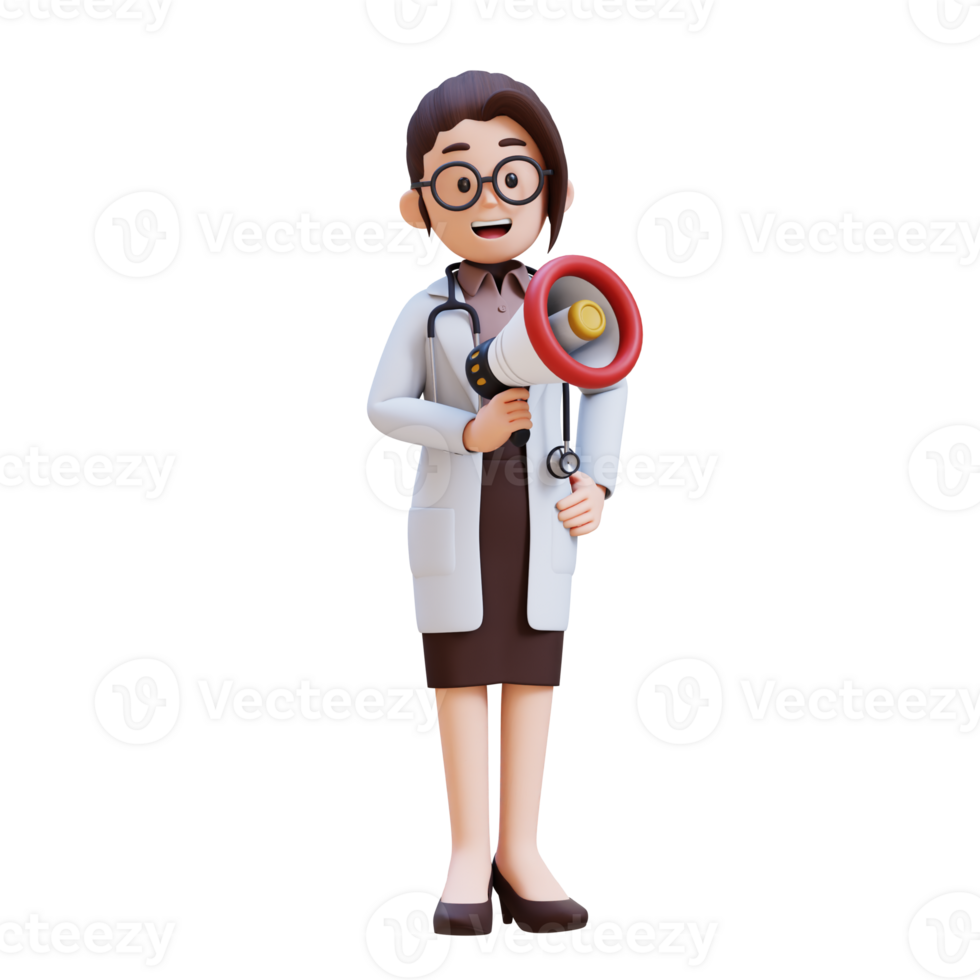 3D render woman doctor character in a white lab coat holding a megaphone png