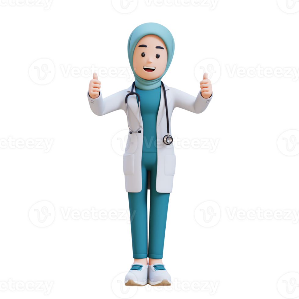 3D render muslim woman medical doctor character in a white lab coat is giving two thumbs up png