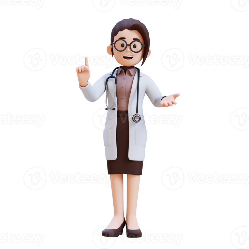3D render woman doctor character is pointing to something with her finger png