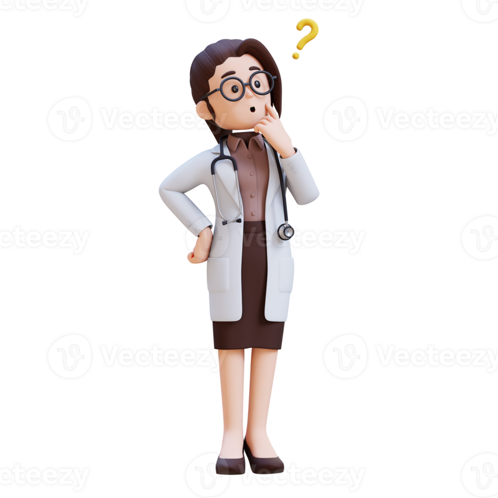 3D render woman doctor character in a white lab coat is looking up and thinking png