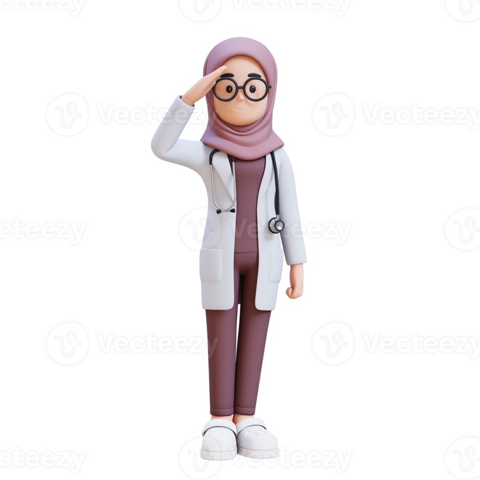 3D render muslim woman doctor character in a white lab coat is standing and saluting png