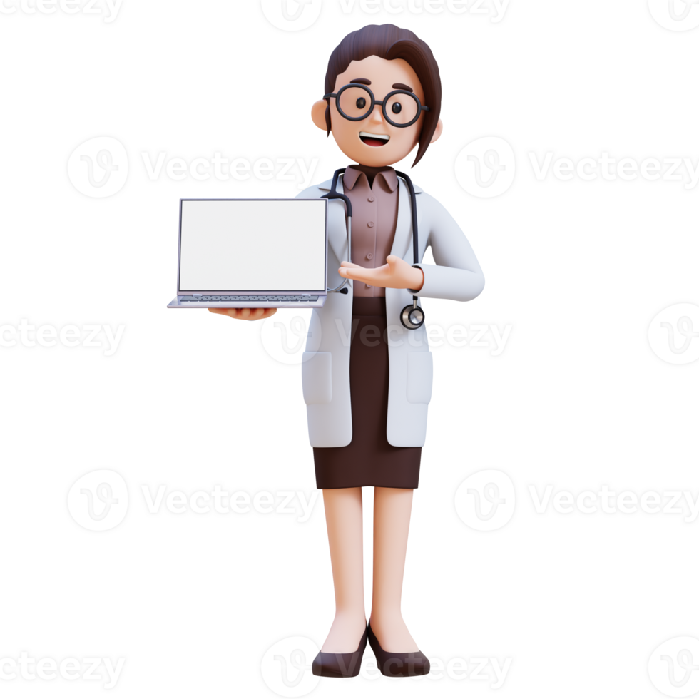 3D render woman doctor character in a white lab coat presenting to a laptop png