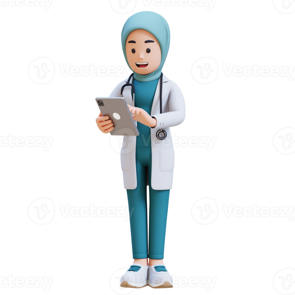 3D render muslim woman medical doctor character in a white lab coat is working on a tablet and smiling png