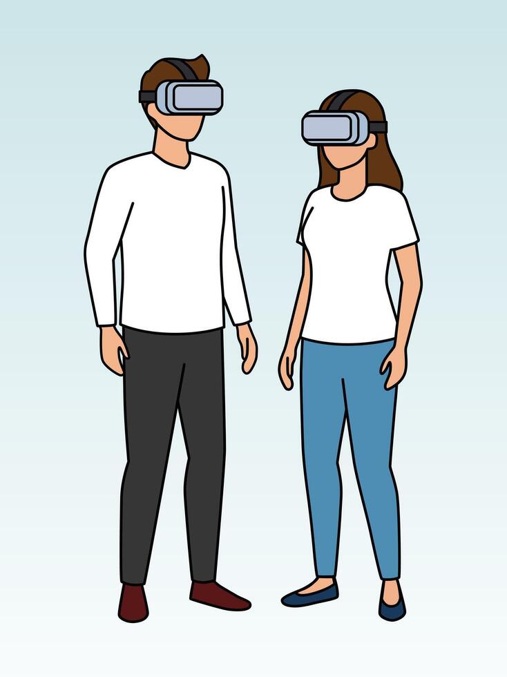 Illustration of a Man and Woman Wearing Virtual Reality Glasses While Standing Facing Each Other vector