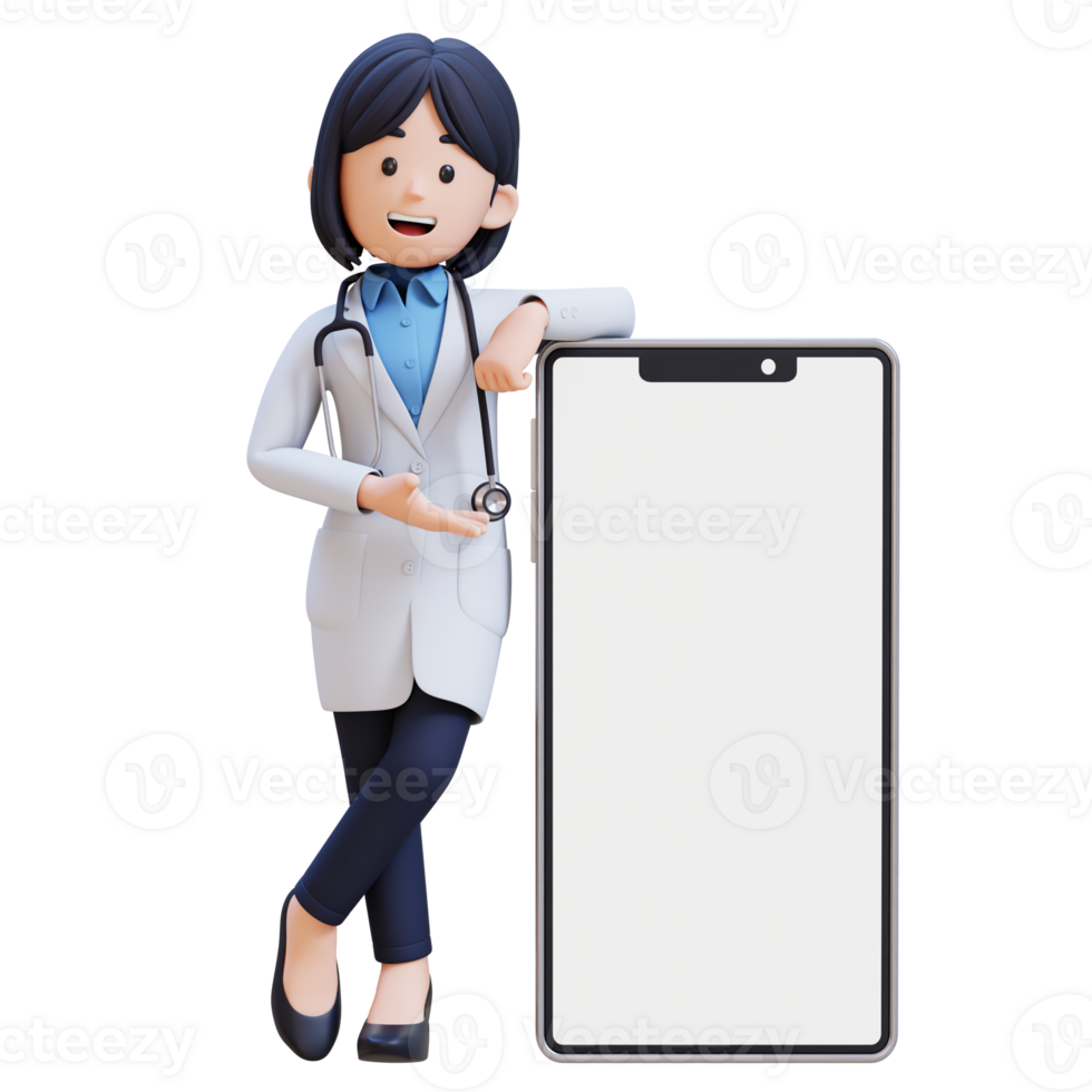 3D Woman Doctor Character in a white lab coat presenting to a cell phone with a white background png