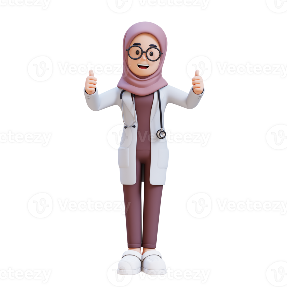 3D render muslim woman doctor character in a white lab coat is giving two thumbs up png