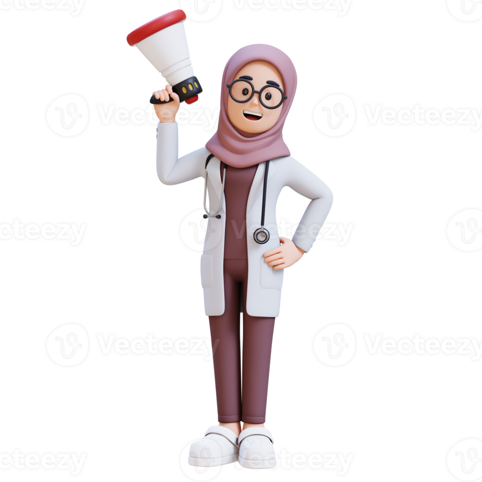 3D render muslim woman doctor character holding a megaphone with confident png